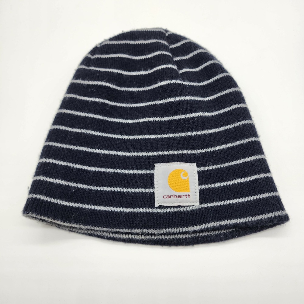 Carhartt Men's Stripe Knit Beanie Hat One Size Navy Gray Made in USA Acrylic